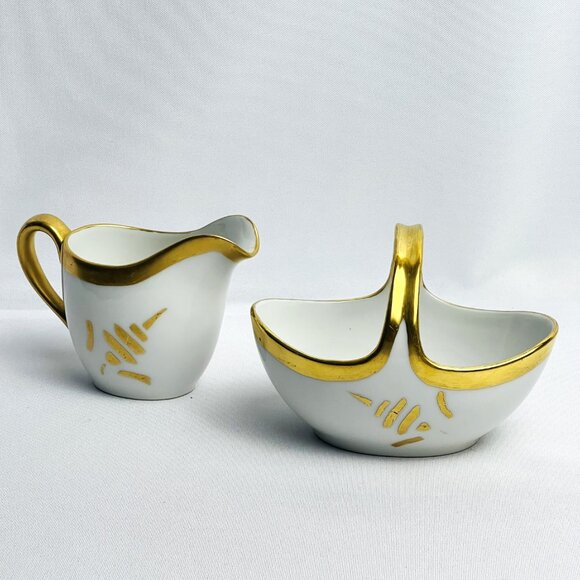 Vintage AEH Japan Porcelain Small Creamer & Basket Set Gold Accents Marked 1930 - Picture 5 of 12